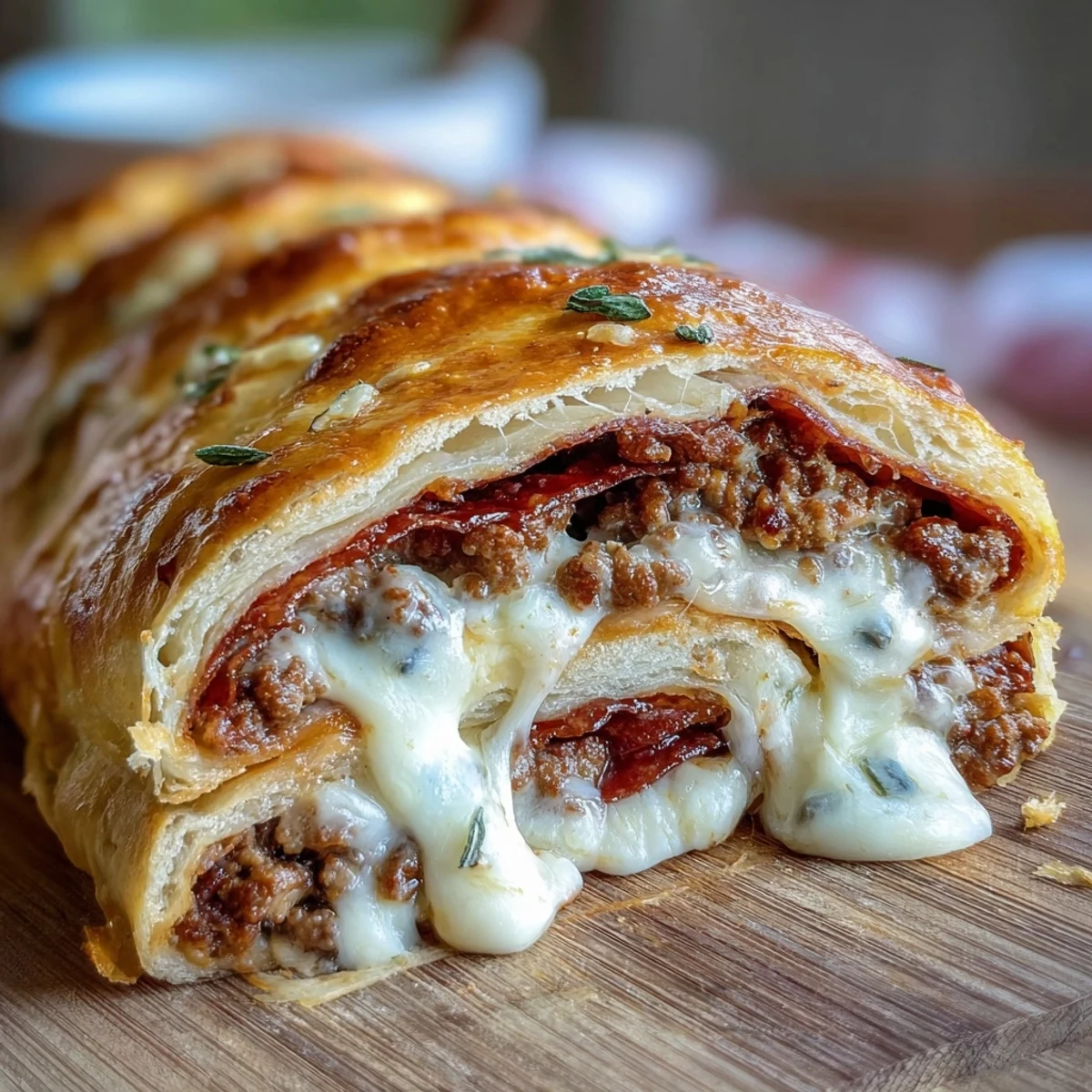 Freshly baked Baked High-Protein Pepperoni Stromboli resting on a parchment-lined baking sheet, steam rising from the golden crust.