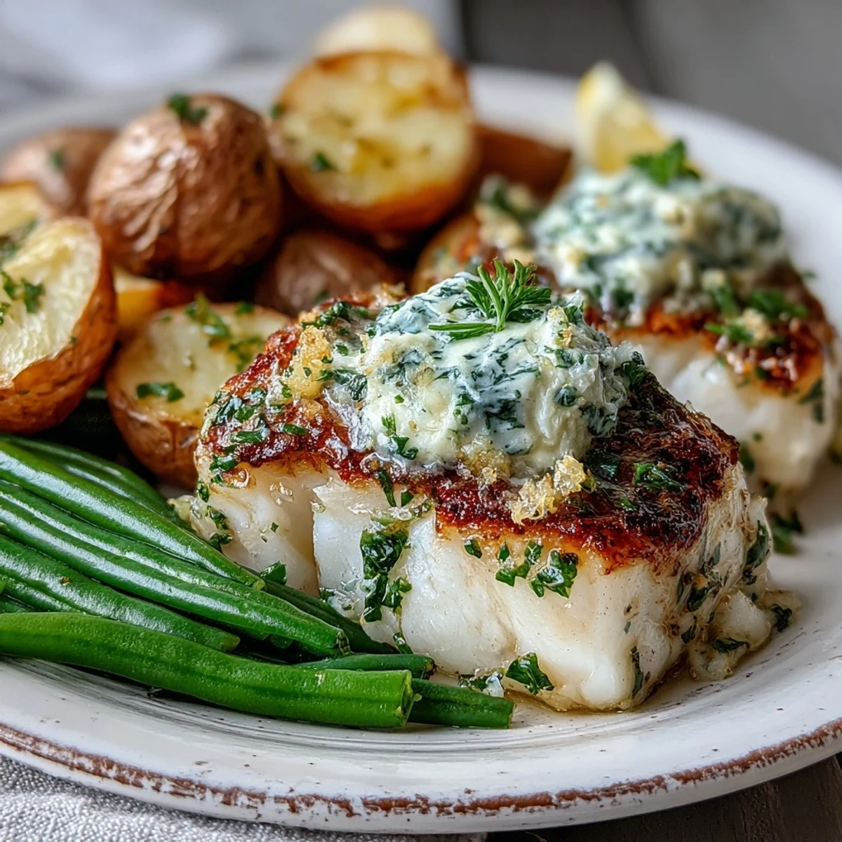 Roasted potatoes and fresh herbs accompany flaky white fish in a wholesome, 40-minute weeknight dinner for four.