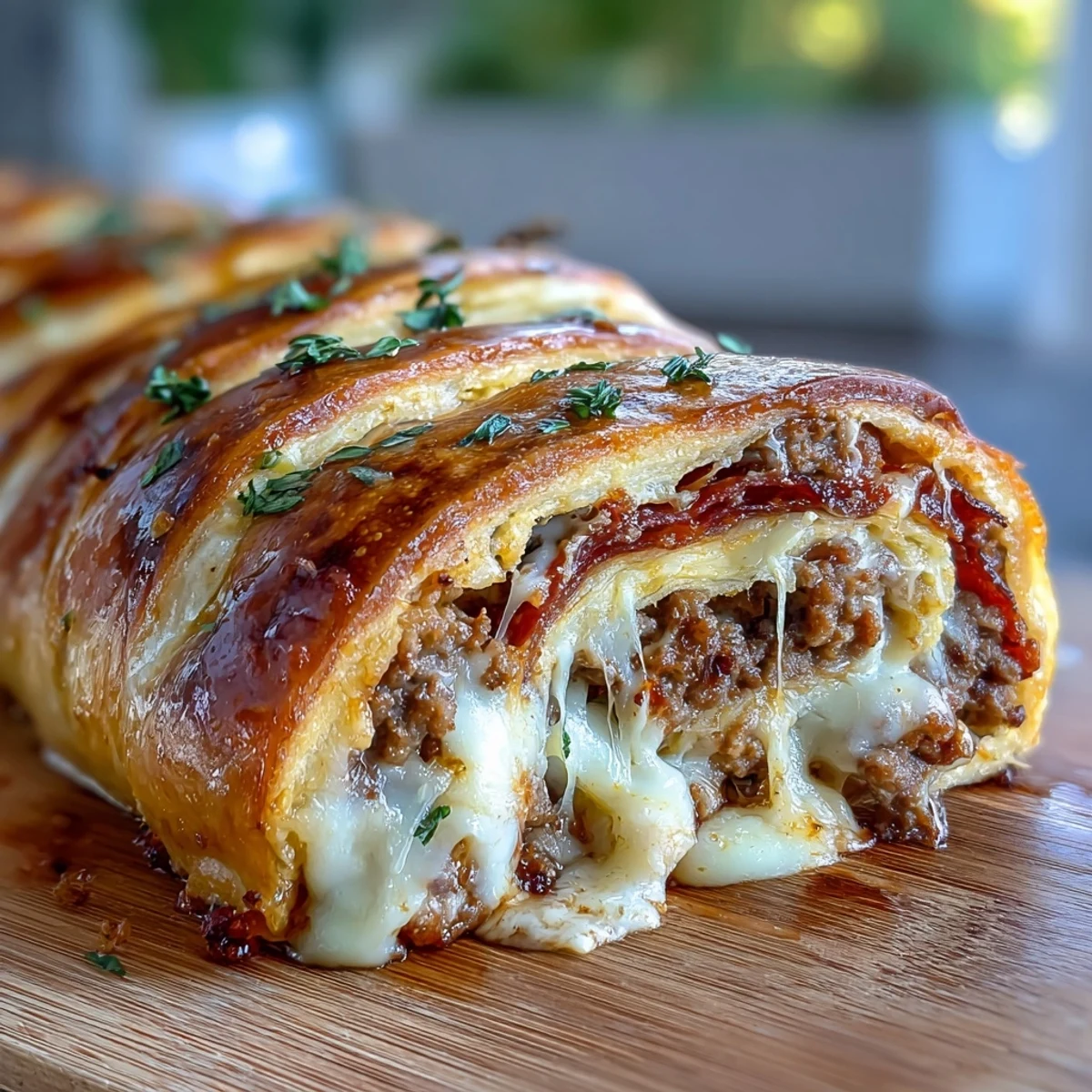 Golden-baked High-Protein Pepperoni Stromboli, sliced to reveal layers of seasoned ground beef and melted mozzarella cheese.