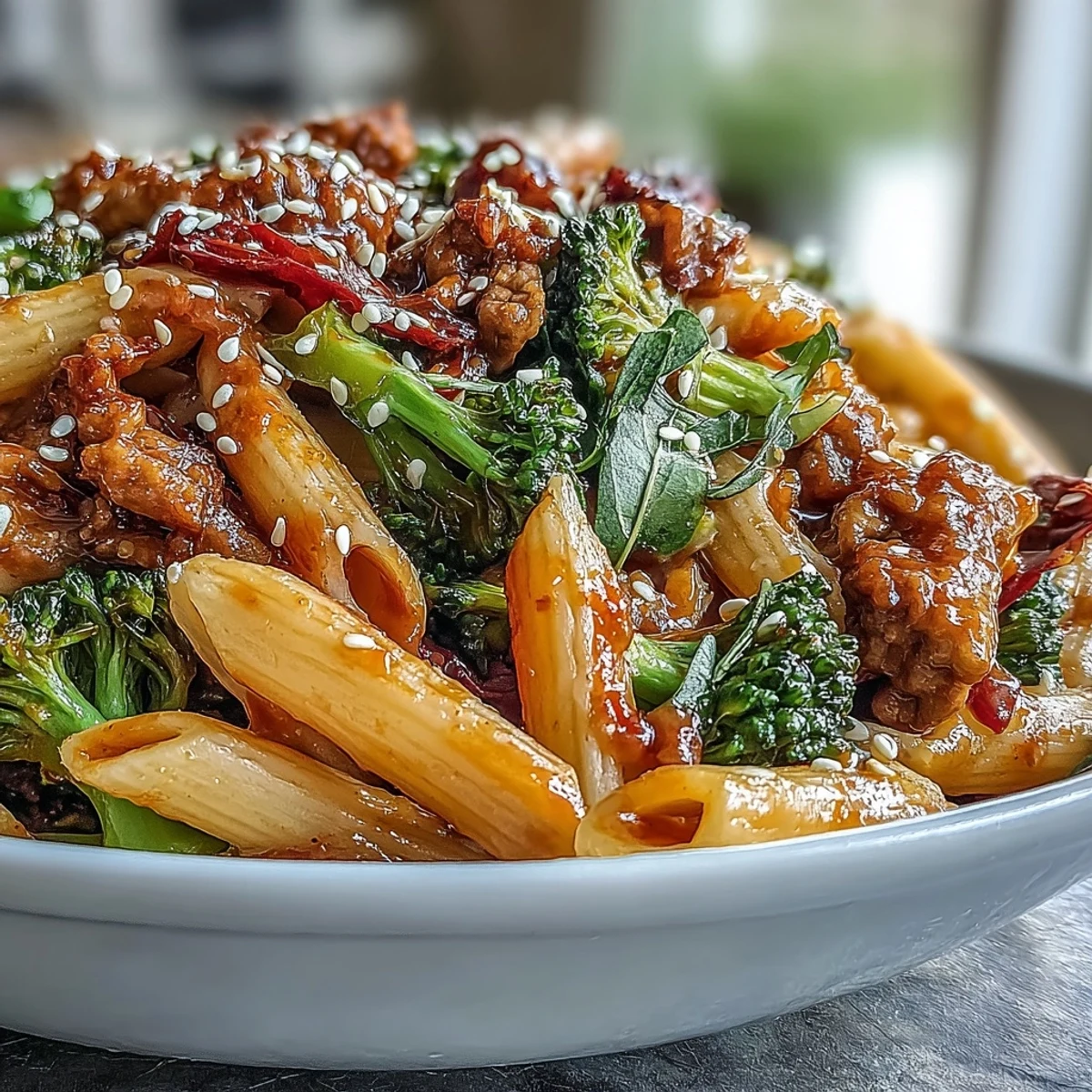 Close-up of a skillet with Sweet & Spicy Turkey Broccoli Pasta ready for a weeknight dinner.