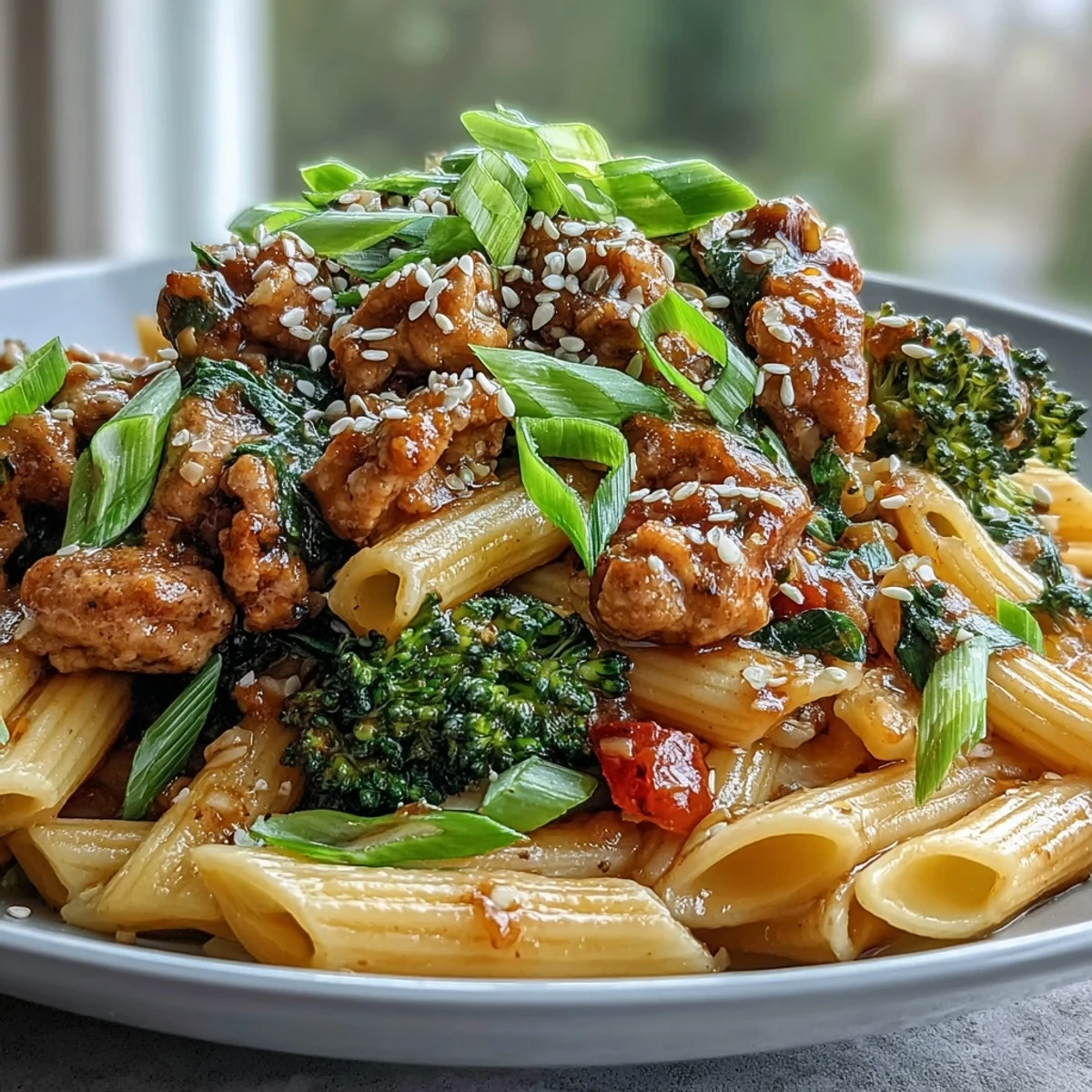 Steamed broccoli florets and cooked penne pasta are tossed with ground turkey in a skillet, coated in a glossy sweet and spicy sauce.
