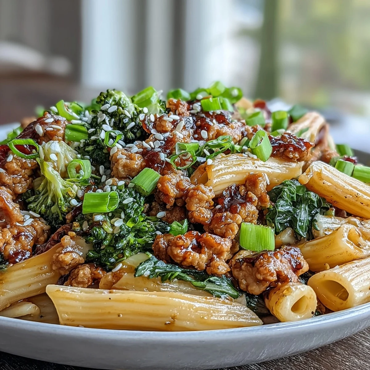 A close-up shows a fork lifting a saucy bite of Sweet & Spicy Turkey Broccoli Pasta, garnished with green onions and sesame seeds.