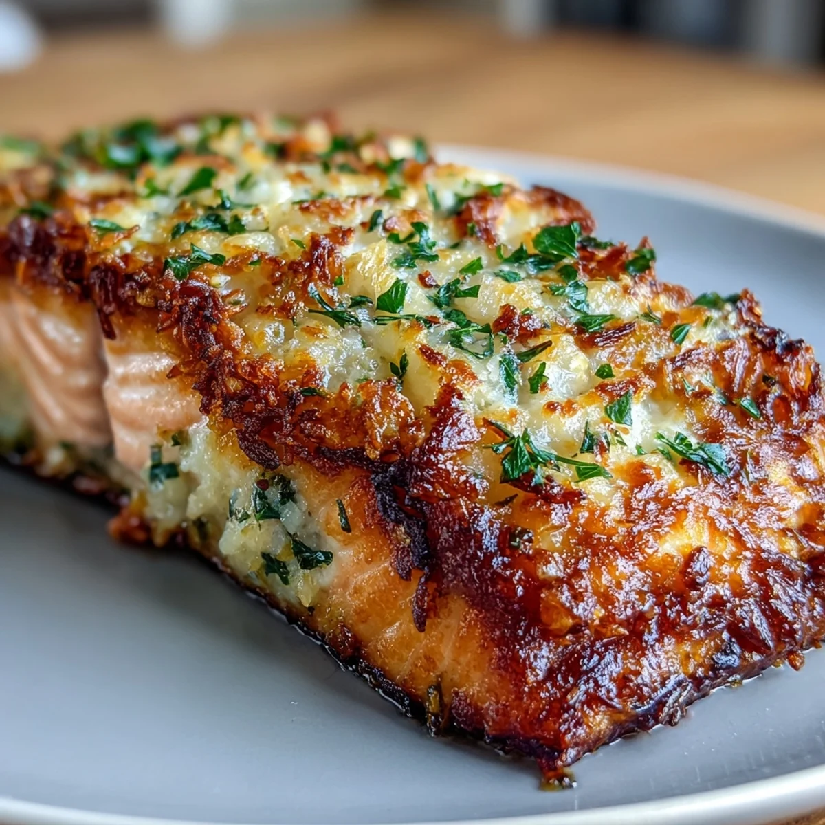 Aromatic salmon crusted with garlic and Parmesan cheese, accompanied by tender roasted broccoli and zesty lemon slices on a rustic baking sheet.