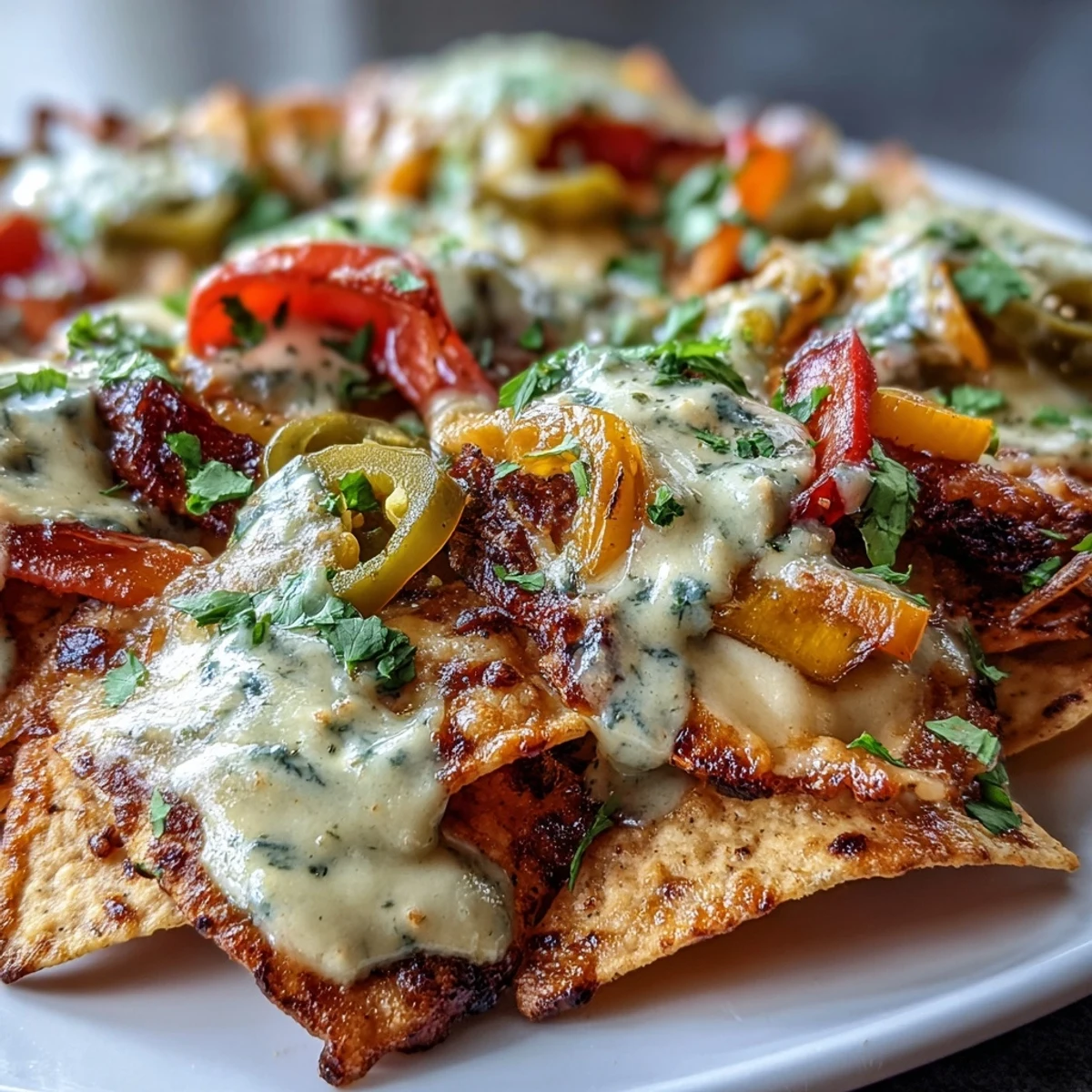 Crispy tortilla chips topped with roasted veggies, tangy salsa verde, and creamy cashew queso in a vibrant vegan nacho platter.