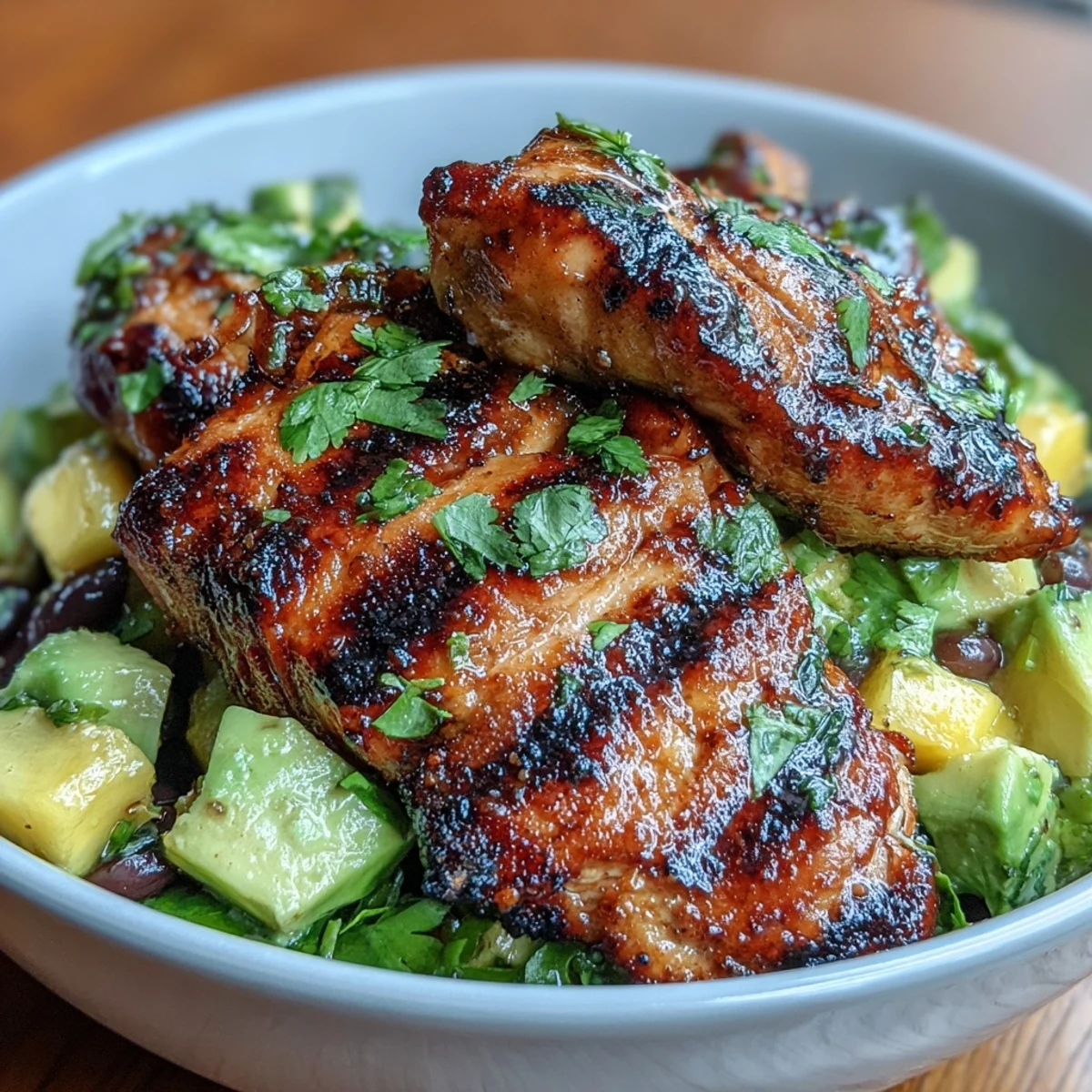 Vibrant Mango Avocado Salsa Chicken Bowls with grilled chicken, black beans, and brown rice, topped with fresh mango salsa and cilantro.  