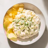 Golden potato chips ready to be dipped into the homemade onion dip for delicious snacking.