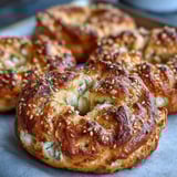 Golden-brown Greek Yogurt Bagels with a shiny egg wash, topped with everything seasoning and fresh chives on a rustic board.