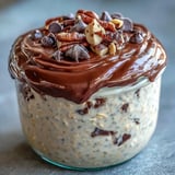 Peanut Butter Cup Overnight Oats in a clear jar, layered with rich cocoa ganache and topped with chocolate chips for a decadent yet healthy breakfast treat.