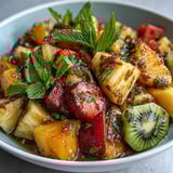 Refreshing tropical fruit salad with mint lime dressing, showcasing colorful watermelon, kiwi, and banana slices tossed with herbs.
