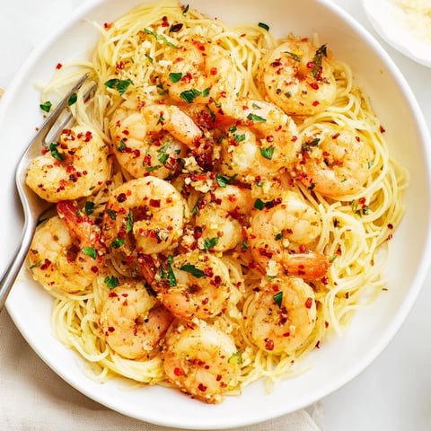 One-Skillet Lemon Garlic Shrimp Angel Hair Pasta with perfectly cooked shrimp and bright lemon zest.