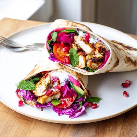 A beautifully plated Greek Yogurt Chicken Shawarma Christmas Wrap, loaded with fresh holiday vegetables.