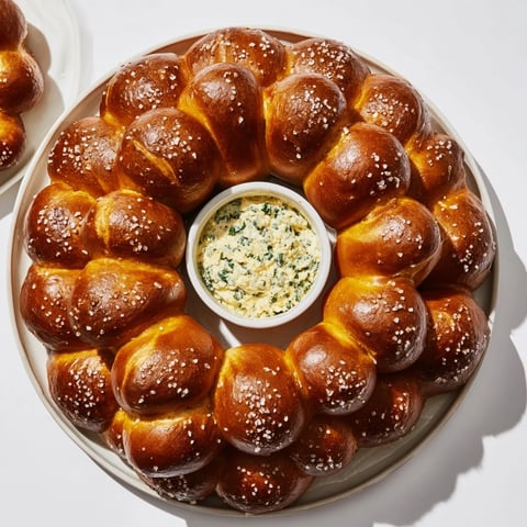Golden-brown Pretzel Wreath Dip Ring ready to share, the perfect party appetizer with a cheesy dip.