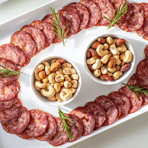 Intriguing The Infinity Loop appetizer: salami weaves around bowls of nuts, ready for a delightful bite.