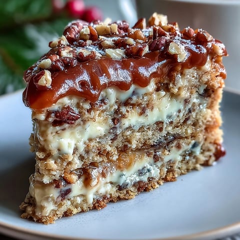 Freshly baked Christmas Toffee Crunch Cake slices reveal buttery crumb and glossy toffee drizzle, plated on a festive red platter.