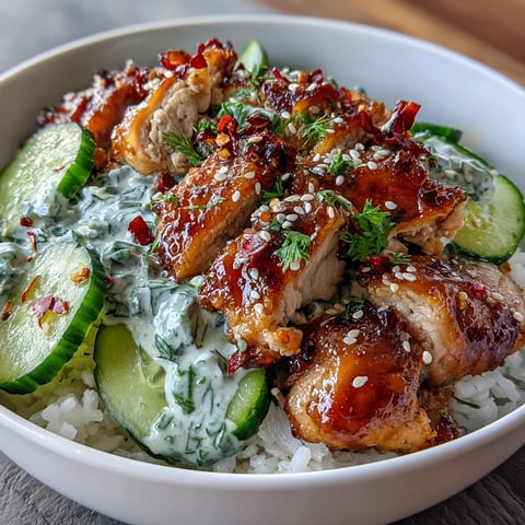 Freshly seared chicken slices rest on a creamy cucumber salad, drizzled with vibrant chili crisp and sprinkled with sesame seeds in the TikTok Chili-Crisp Cucumber Chicken Bowls.
