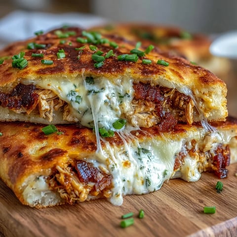 Golden brown grilled Ranch Crack Chicken Stuffed Naan oozing melted cheddar and bacon on a rustic wooden board.