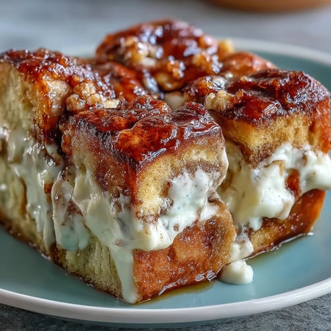Golden-brown Cream Cheese Swirl Cinnamon Roll French Toast Bake fresh from the oven, served with maple syrup drizzle.