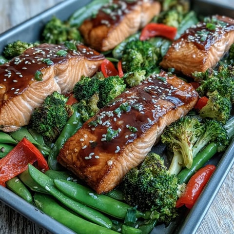 Golden-brown Sheet Pan Teriyaki Salmon fillets roasted with crisp broccoli and snap peas, glistening with homemade teriyaki glaze.