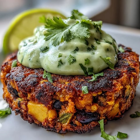 Golden brown Vegan Sweet Potato Black Bean Burgers on a toasted bun, topped with creamy avocado lime sauce, lettuce, and tomato slices.