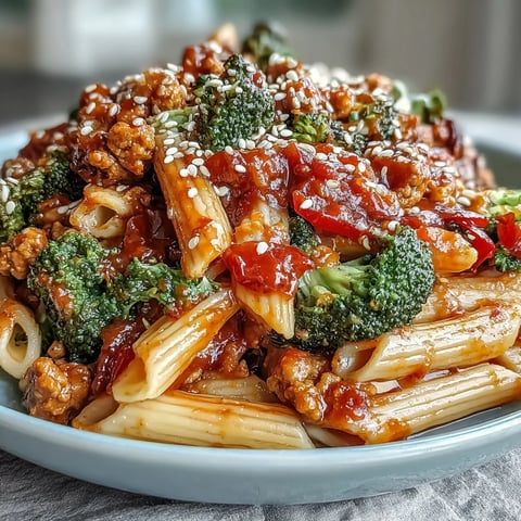 Penne pasta tossed with lean ground turkey, broccoli, and a glossy sweet and spicy sauce.