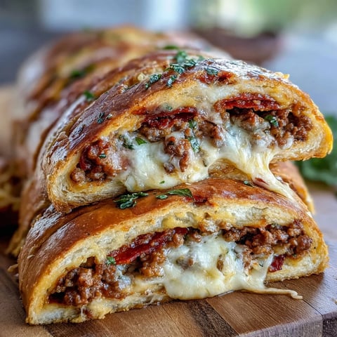 Golden-brown Baked High-Protein Pepperoni Stromboli sliced open on a wooden cutting board, revealing layers of melted mozzarella, pepperoni, and seasoned ground beef.