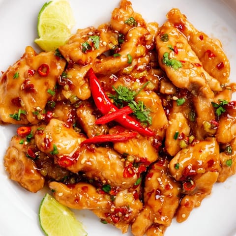 Close-up of fragrant Mango Chili Garlic Chicken Skillet, served with cilantro and lime.