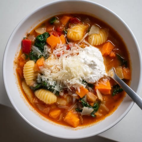 Comforting Lasagne Soup featuring tender sweet potato gnocchi and fresh spinach leaves.  