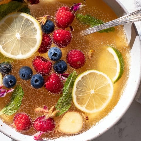 Homemade kombucha-style mocktails with mint, ginger, and a lively effervescence.  