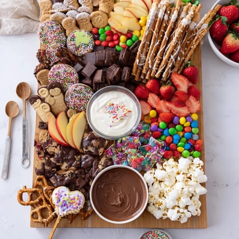 A festive dessert board with delicious sweet treats and vibrant fresh fruits.  