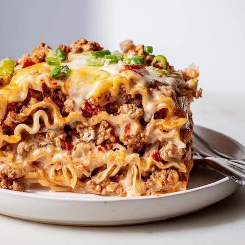 Comforting spicy ramen lasagna garnished with green onions and bubbling melted cheese.  