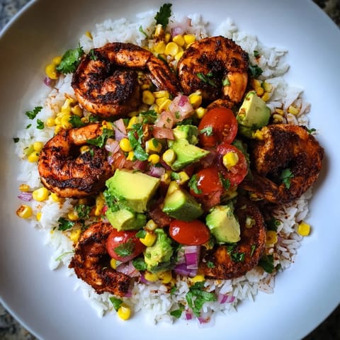 Flavorful blackened shrimp nestled on rice, topped with fresh avocado corn salsa—a delicious, Southwestern shrimp bowl.