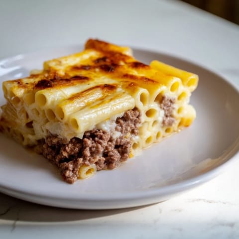 A close-up of a bubbling Pastitsio, showcasing its rich meat sauce and cheesy topping, ready to serve.