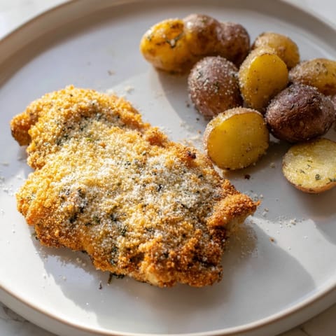 This photo features the juicy Parmesan crusted chicken and roasted potatoes ready for a satisfying dinner.