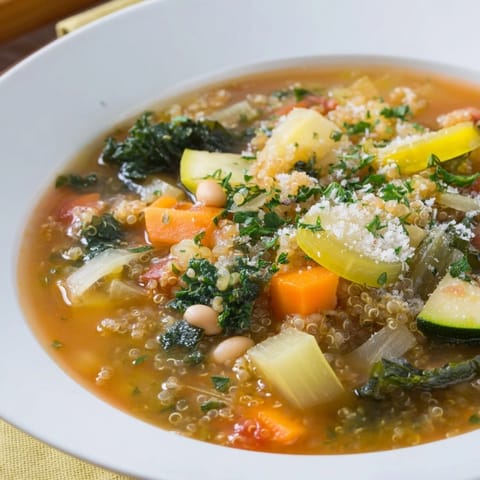 Hearty Minestrone with Quinoa brimming with fresh vegetables, perfect for a warming winter meal.