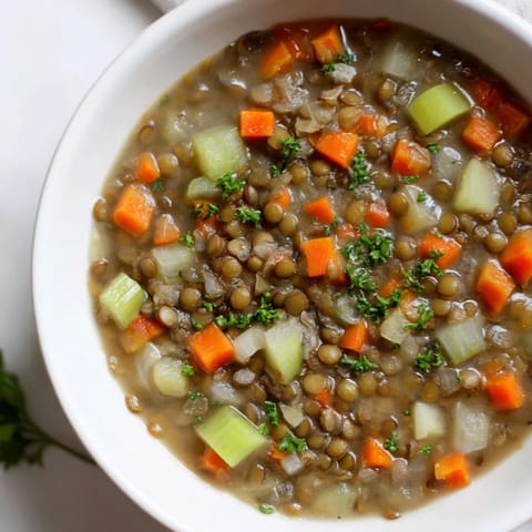 Savory, vibrant Lentil Soup, featuring diced carrots, celery, and a comforting vegetable broth.