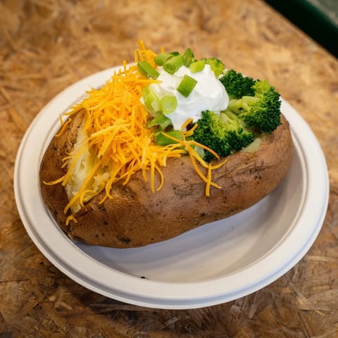 This image shows a beautifully arranged baked potato bar with various toppings to customize your potato.