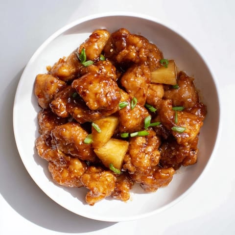 A close-up of baked Brown Sugar Pineapple Chicken, showcasing tender pineapple chunks in a sweet sauce.