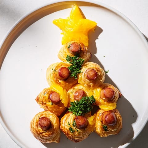 Flaky puff pastry wraps the mini sausages to create a festive Express Pigs in Blanket Christmas Tree appetizer.