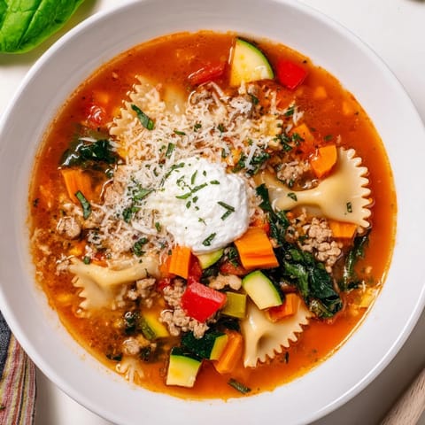 This comforting Healthy Lasagna Soup features hearty vegetables and a creamy cheese topping, ready to enjoy.