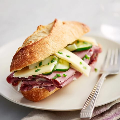 A platter displaying gourmet Festin du Château Royal Sandwiches, layered with meats, cheese, and fresh garnishes.