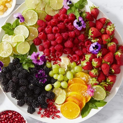 A colorful bubbly bar garnish platter featuring fresh berries, citrus slices, herbs, and candied ginger.