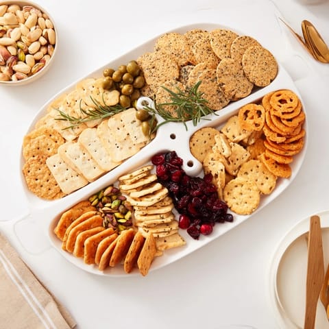 Festive holiday crackers arranged on a platter, showcasing a delightful variety of textures and flavors.