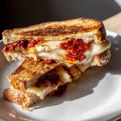 This close-up showcases a beautifully crafted Brie and Chili Crisp Grilled Cheese, ready to eat.