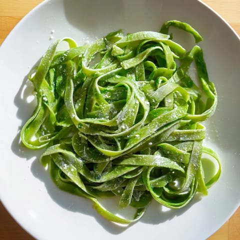 Homemade spinach pasta dough on a floured surface, cut into delicate strands for a fresh meal.