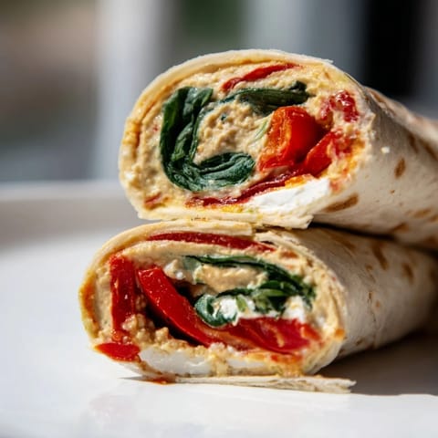 A vibrant vegetarian lunch wrap with crisp spinach, smoky roasted red peppers, and tangy feta cheese spread with hummus.  