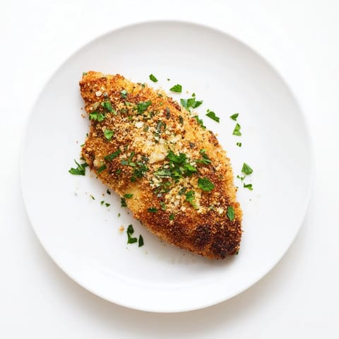 Tender Roasted Garlic Parmesan Chicken served on a plate, garnished with fresh parsley and ready to slice.