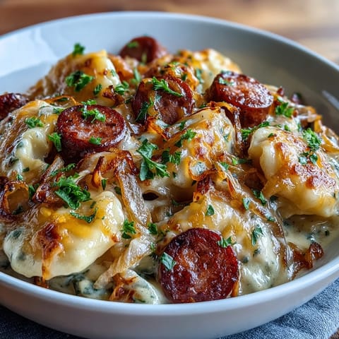 Golden, bubbling cheddar tops this Crockpot Pierogi Casserole With Kielbasa fresh from the slow cooker.