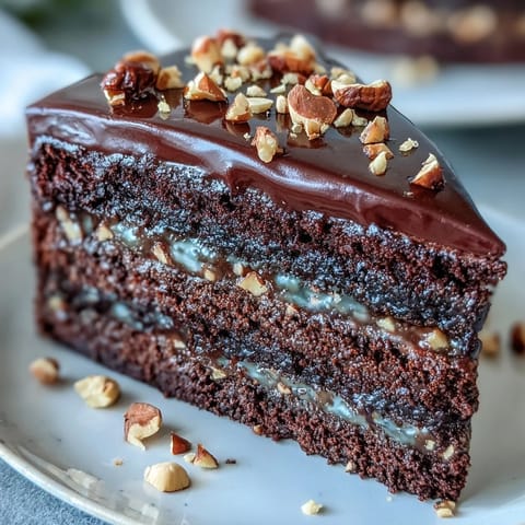 A decadent slice of Chocolate Celebration Cake showcases layered chocolate cake, glossy ganache frosting, and crunchy hazelnut praline pieces.