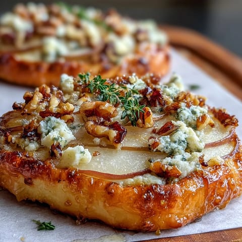 Close-up of golden, crisp Pear, Gorgonzola, and Pickled Walnut Pizzettes with bubbling cheese and fresh thyme garnish. 