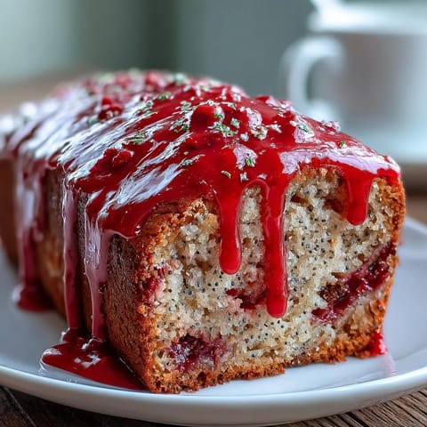 Thick slices of Blood Orange Loaf Cake with Poppy Seeds and Marzipan are served on a white plate, next to a cup of steaming Earl Grey tea.